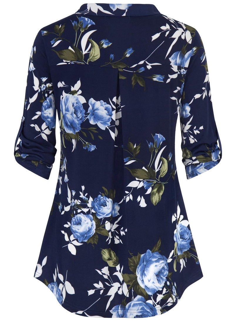 BEPEI Business Casual Tops for Women,Summer 3/4 Length Sleeve Floral Chiffon Peasant Blouses and Top Clothes Slimming Fitted Tunics Notch V Neck Shirts 2026,Navy Blue Large - Image 3